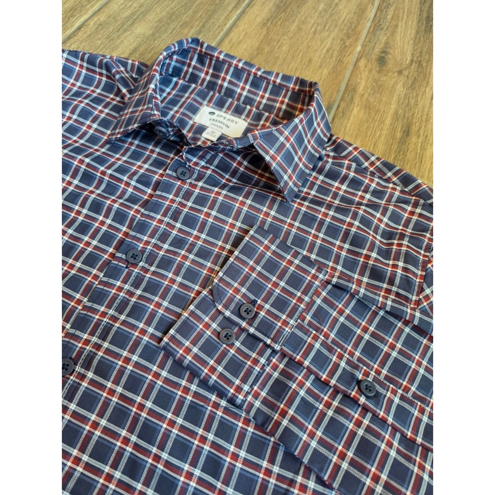 Sperry Mens Premium Tencel Plaid Long Sleeve Button Down Shirt Navy Red Medium